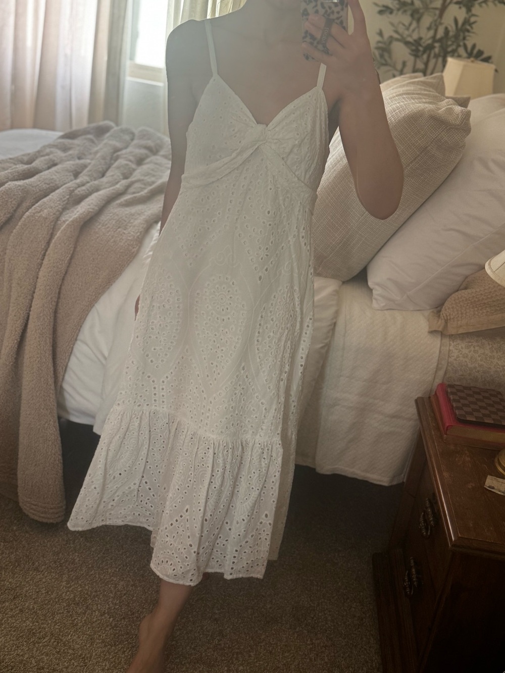 White Eyelet Spaghetti-Strap Midi Dress - SIZE MEDIUM